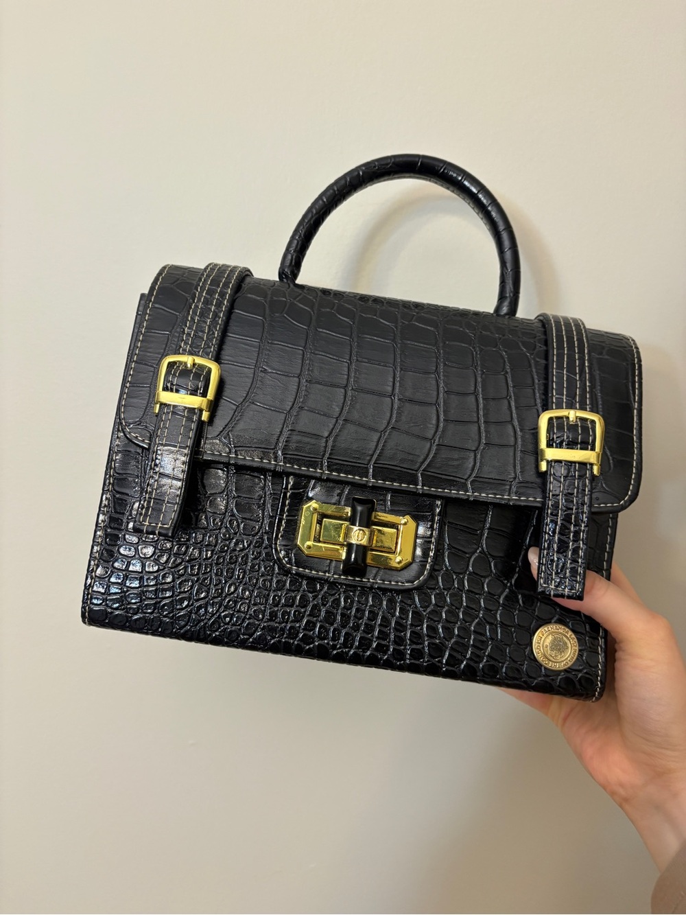 Black Croc-Embossed Top Handle Satchel with Gold Hardware